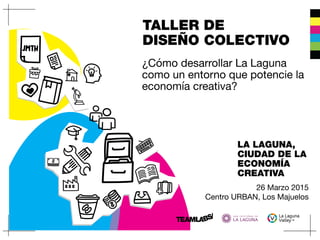 TALLER DE
DISEÑO COLECTIVO
26 Marzo 2015
Centro URBAN, Los Majuelos
LA LAGUNA,
CIUDAD DE LA
ECONOMÍA
CREATIVA
¿Cómo desar...